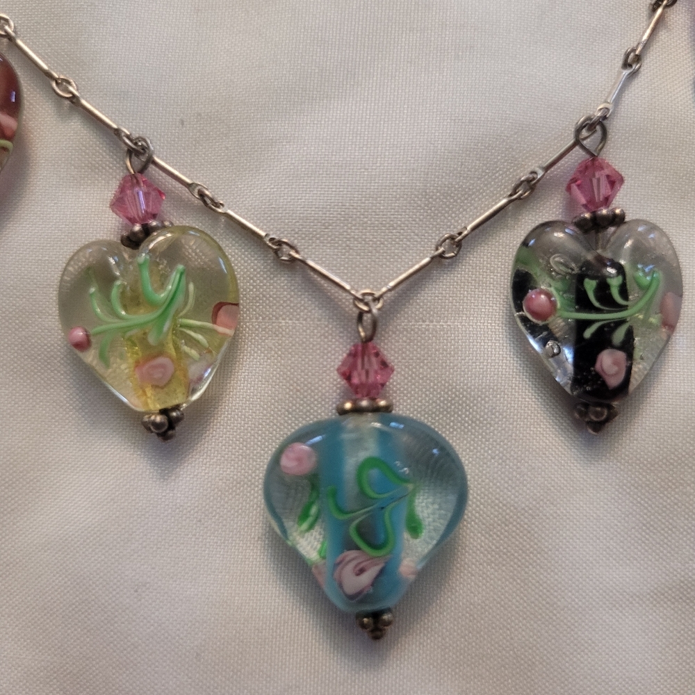 Vintage Sterling Venetian Murano Lampwork Heart Bead 925 Silver Charm Necklace - Picture 5 of 11
